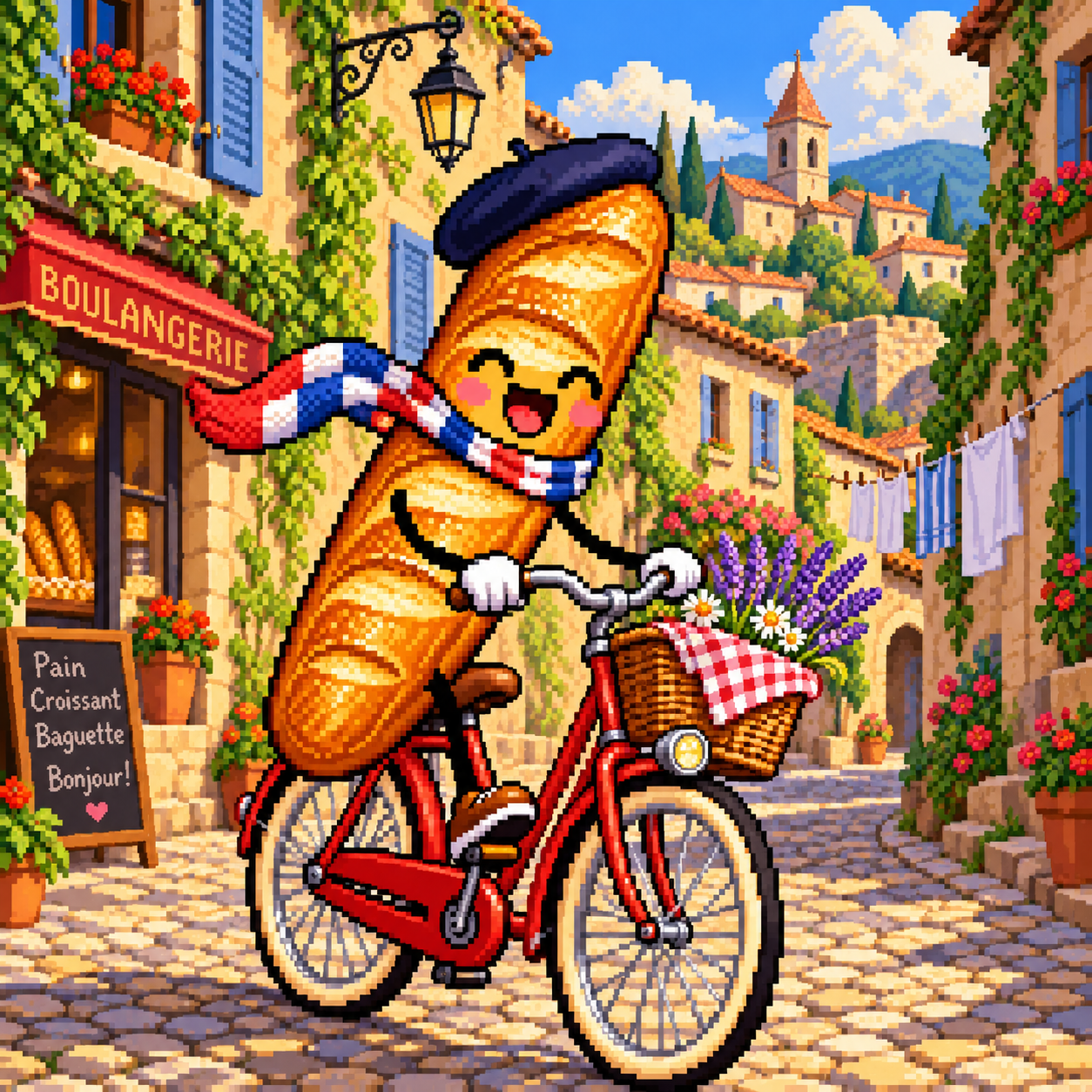 Pixel-art baguette in a beret and tricolour scarf cycling through a sunny French village