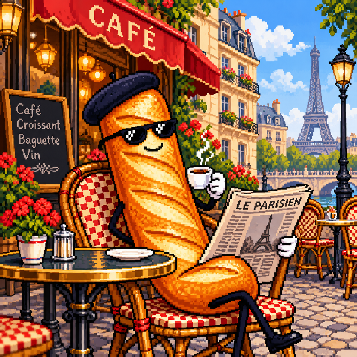 Pixel-art baguette wearing sunglasses, sipping espresso and reading a newspaper at a Paris café near the Eiffel Tower