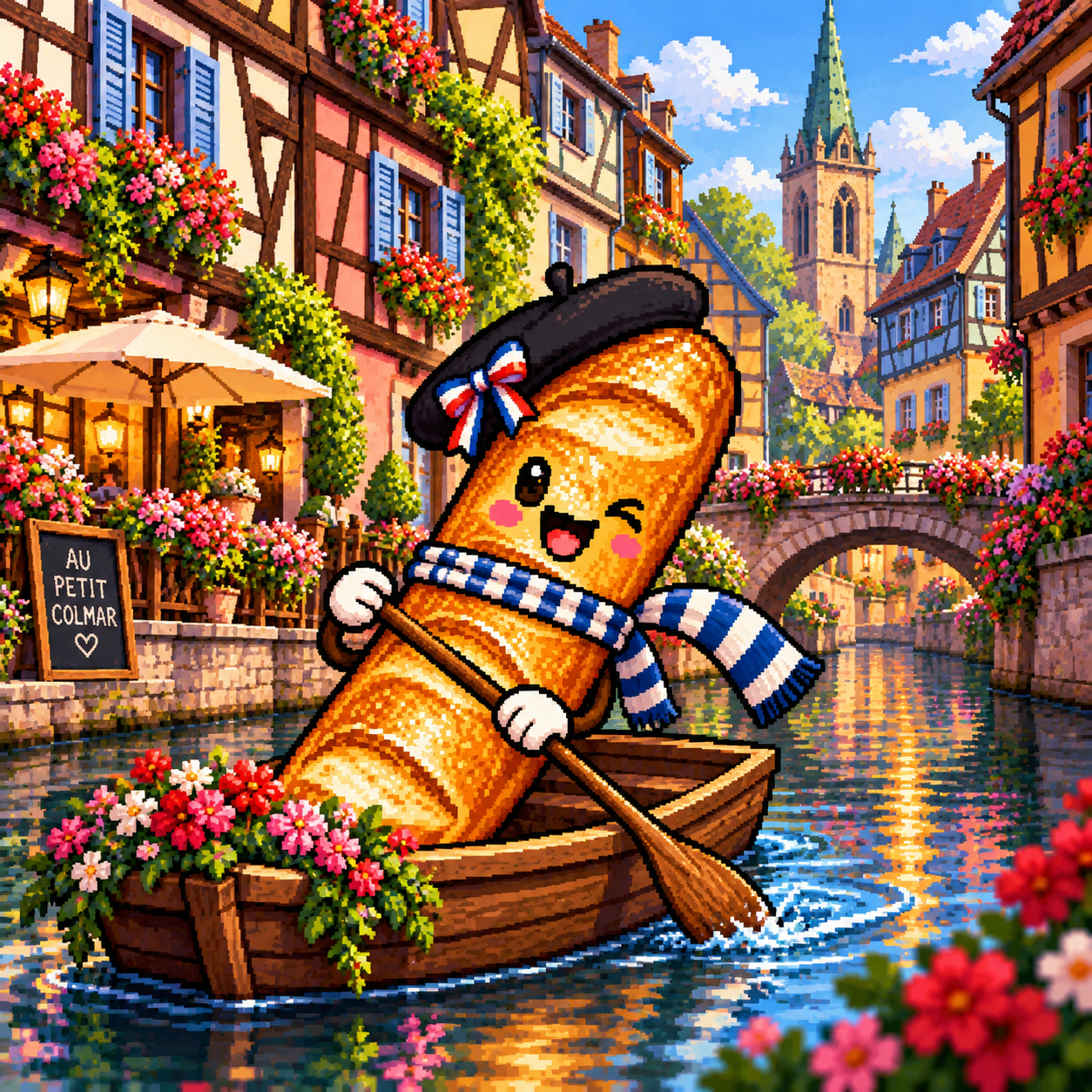Smiling pixel-art baguette in a beret rowing a flower-filled boat along a canal in Colmar